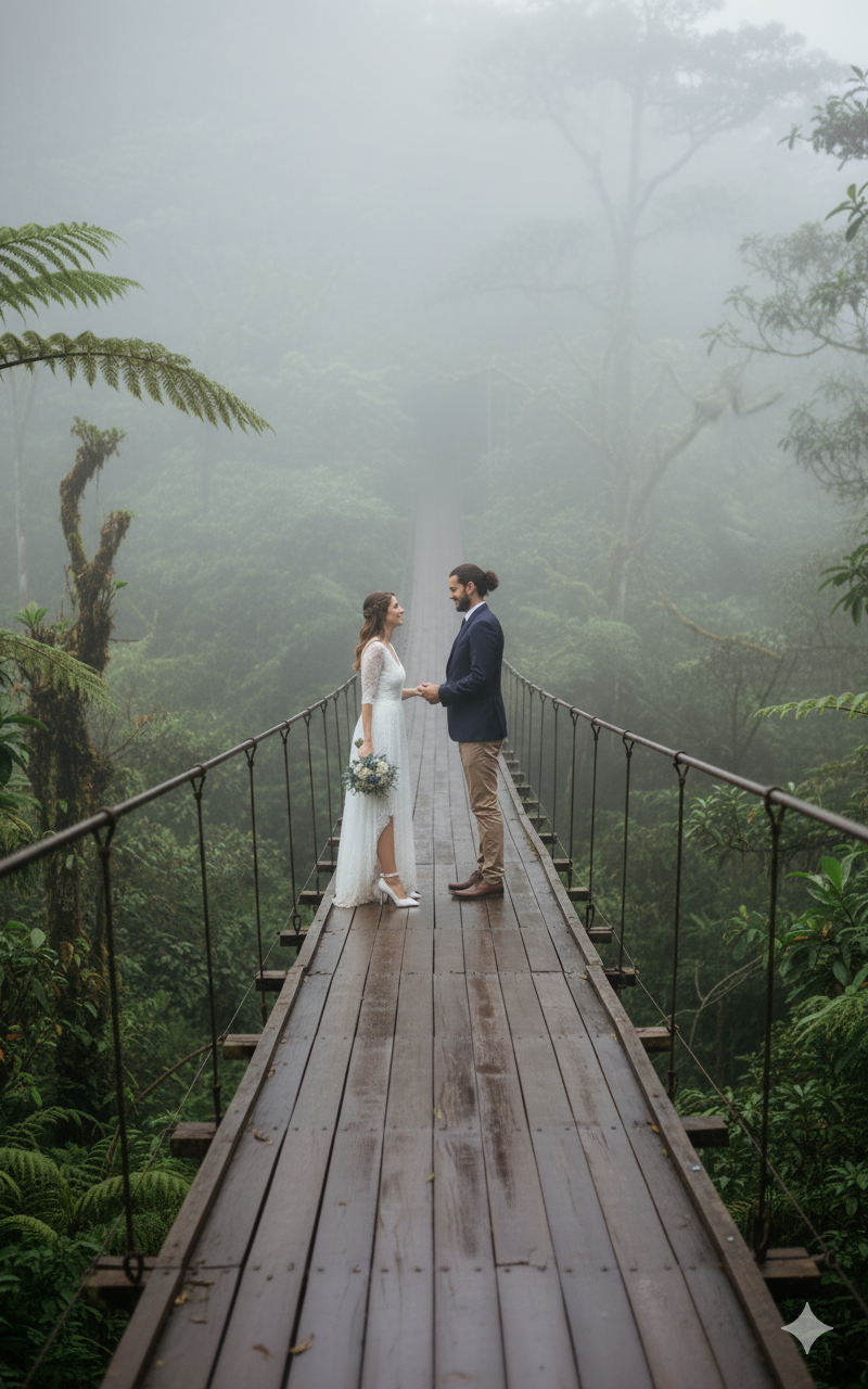 Novios en los puentes colgantes de Monteverde